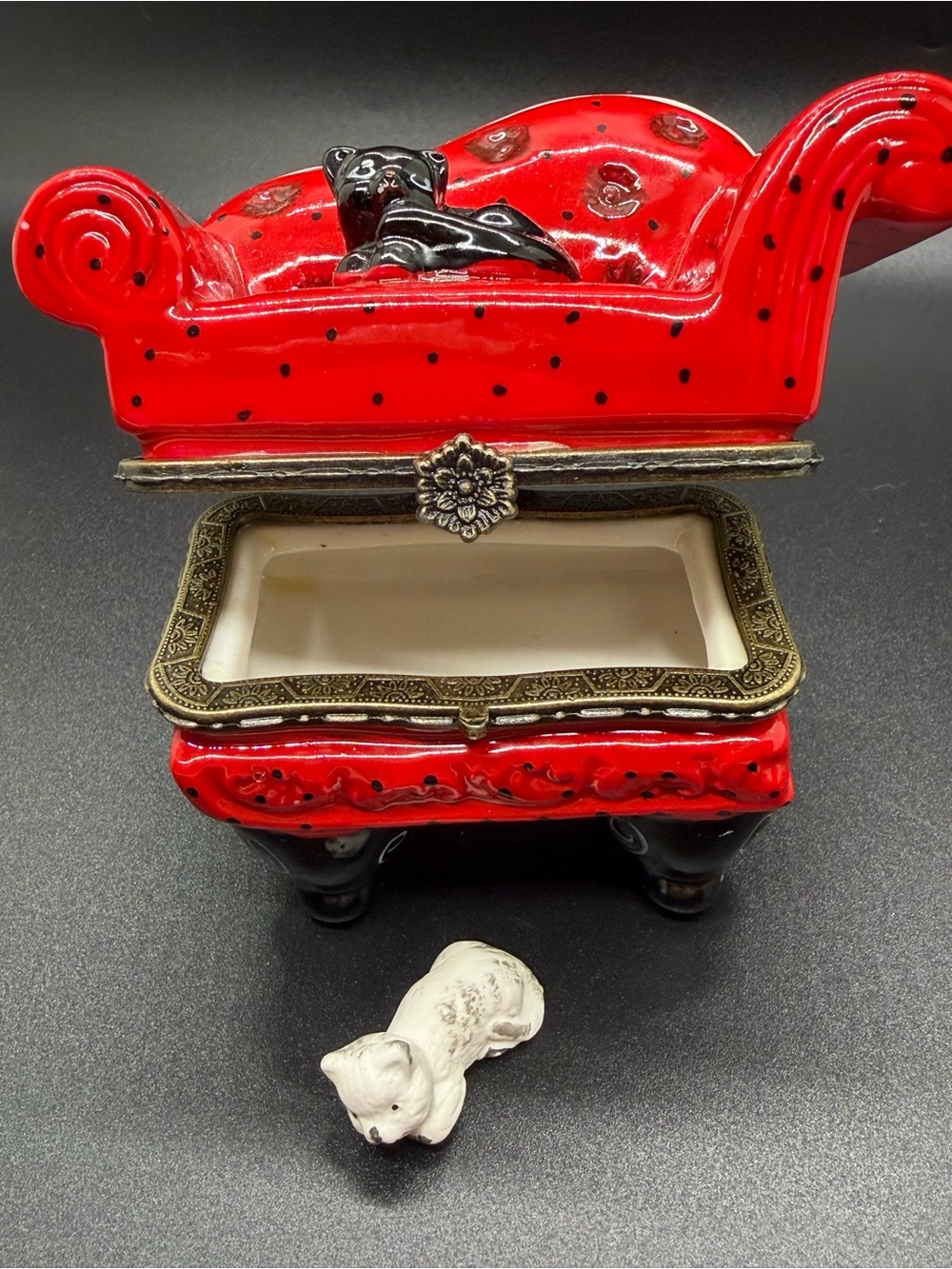 Ceramic Black Cat On Couch Trinket Box With White Cat Trinket